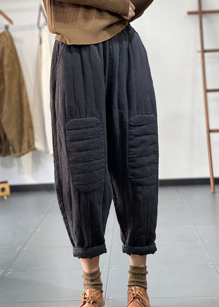 Vintage Black Pockets Elastic Waist Thick Warm Harem Pants Winter