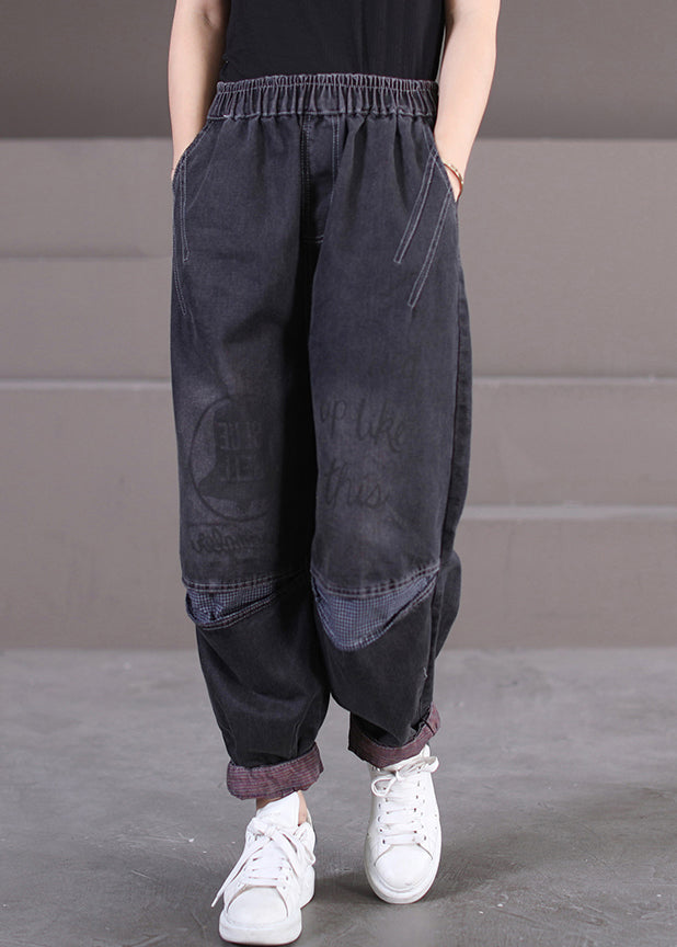 Vintage Black Pockets Print Elastic Waist Denim Pants Fall