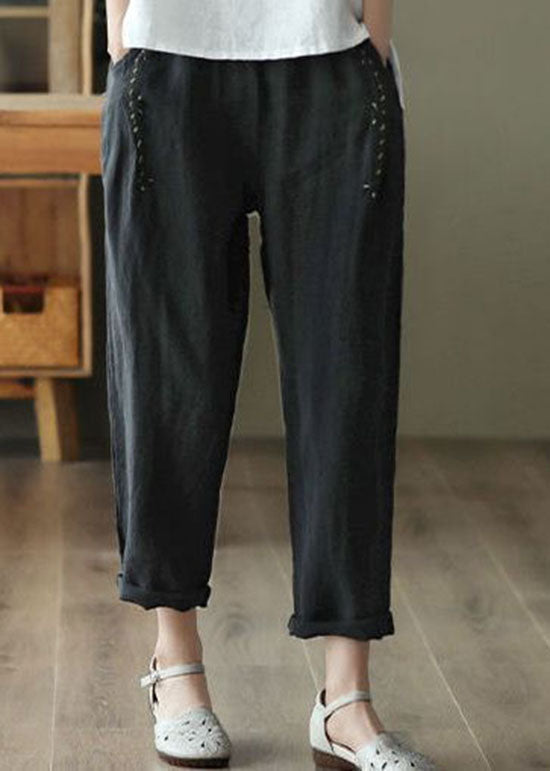 Vintage Black PocketsPatchwork Linen Pants Summer