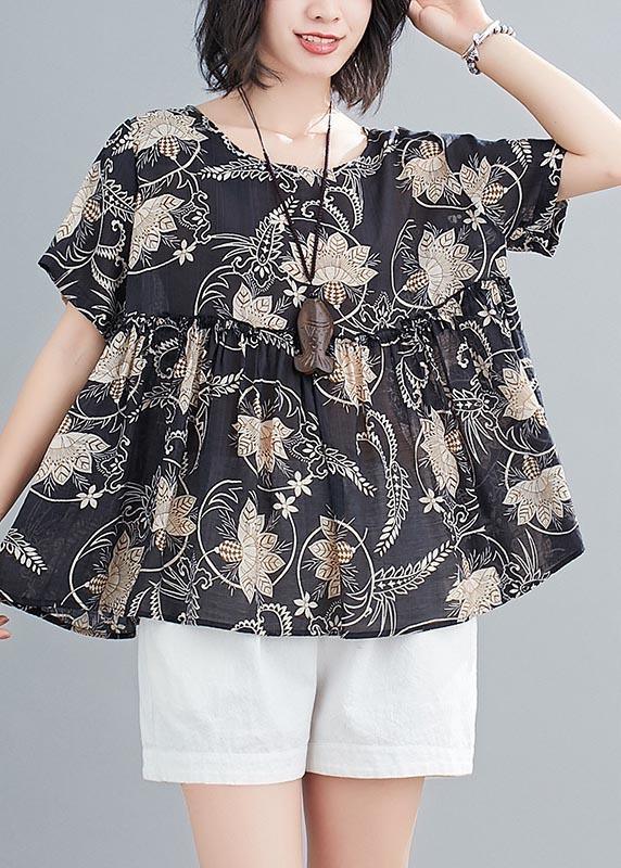 Vintage Black Print Half Sleeve Cotton Linen Tops Summer - Omychic