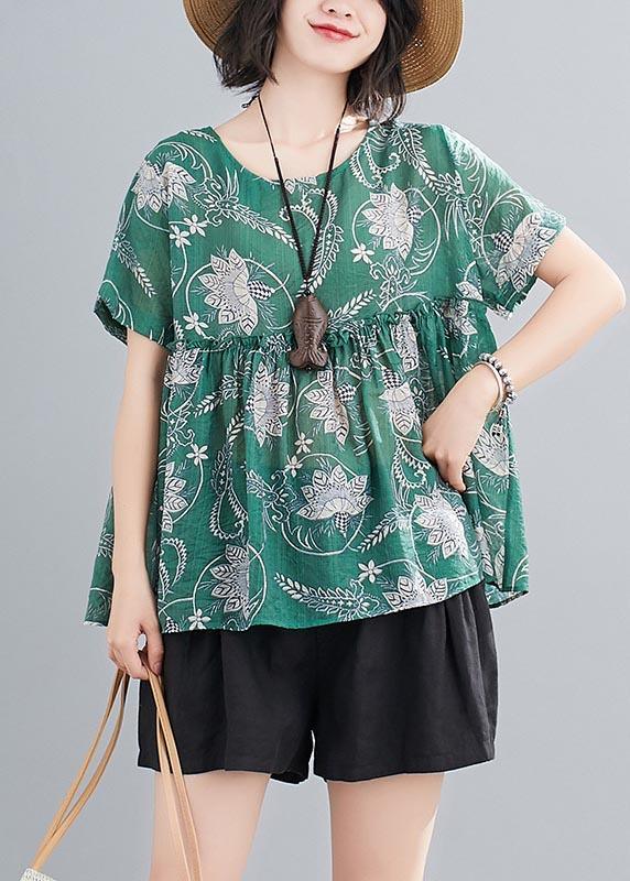 Vintage Black Print Half Sleeve Cotton Linen Tops Summer - Omychic