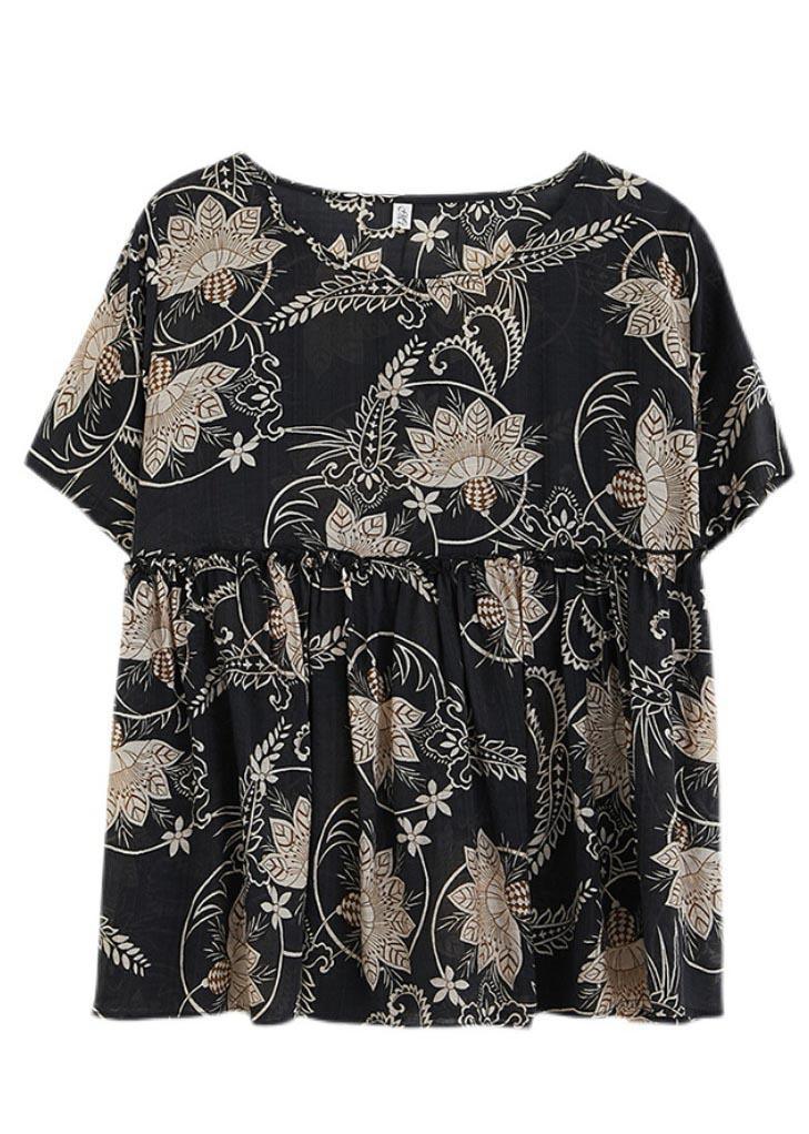 Vintage Black Print Half Sleeve Cotton Linen Tops Summer - Omychic