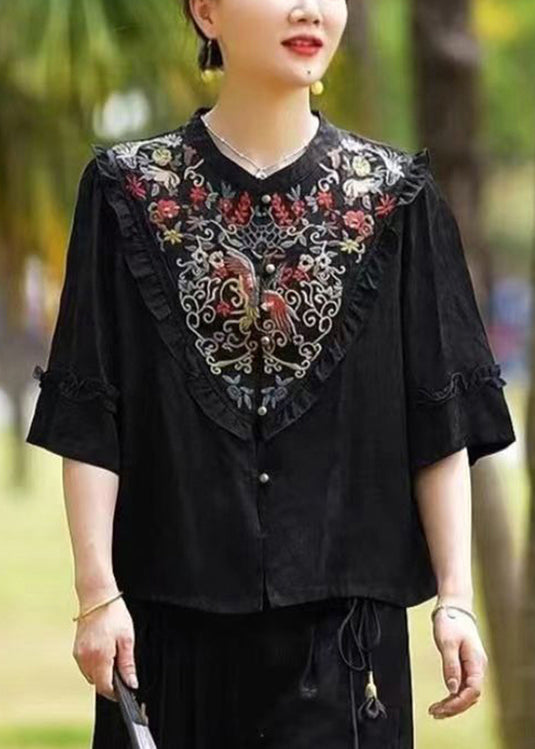 Vintage Black Ruffled Embroideried Patchwork Silk Tops Half Sleeve