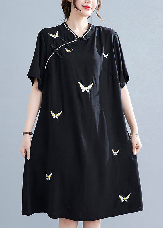 Vintage Black Stand Collar Button Butterfly Embroideried Cheongsam Dresses Short Sleeve