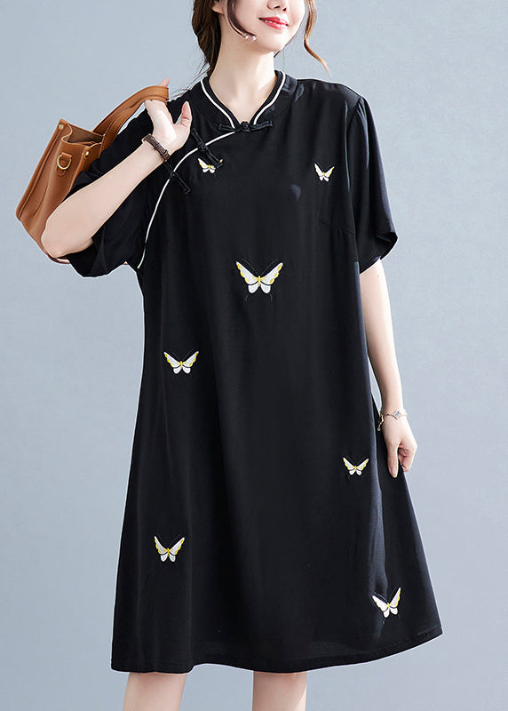 Vintage Black Stand Collar Button Butterfly Embroideried Cheongsam Dresses Short Sleeve