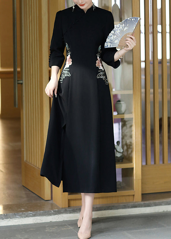 Vintage Black Stand Collar Embroideried Button Party Tulle Maxi Dress Long Sleeve