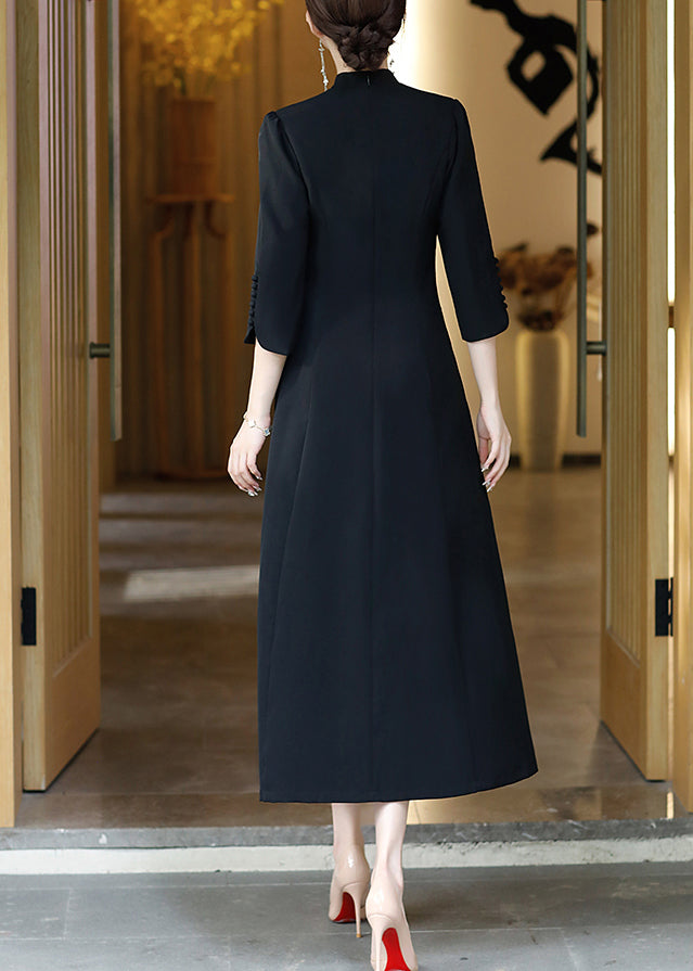 Vintage Black Stand Collar Embroideried Button Party Tulle Maxi Dress Long Sleeve