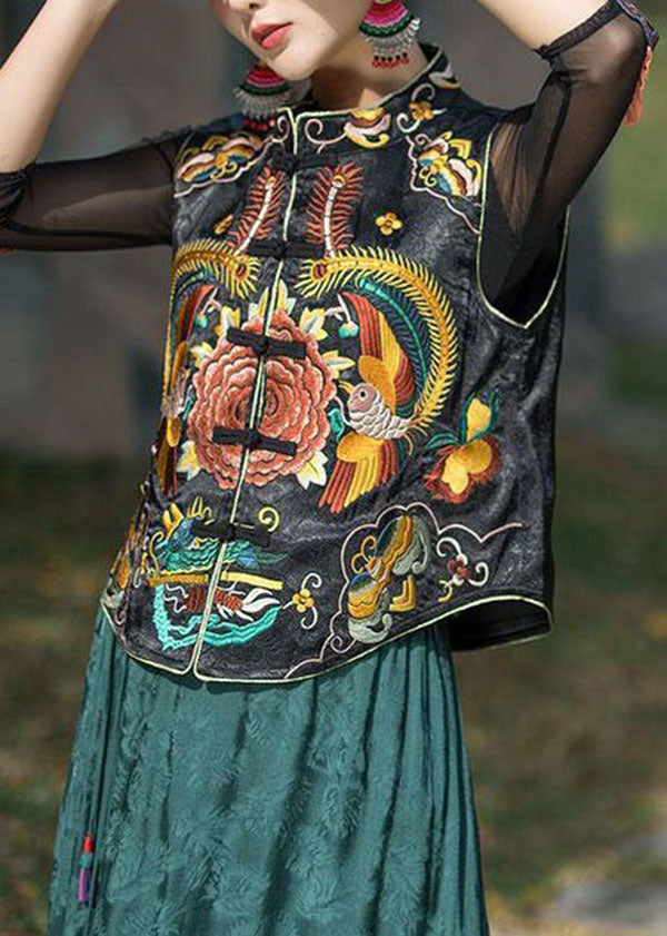 Vintage Black Stand Collar Embroideried Patchwork Silk Vest Sleeveless