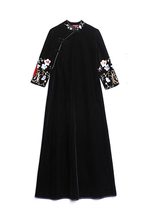 Vintage Black Stand Collar Embroideried Patchwork Velour Dress Fall