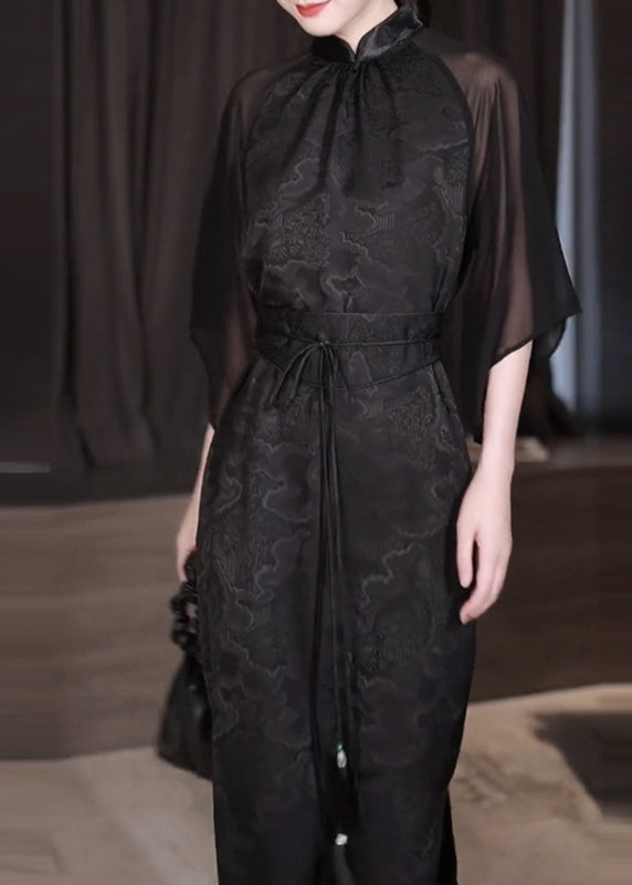 Vintage Black Stand Collar Jacquard Patchwork Silk Dresses Fall