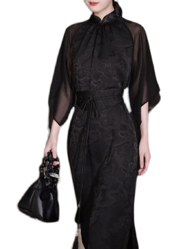 Vintage Black Stand Collar Jacquard Patchwork Silk Dresses Fall