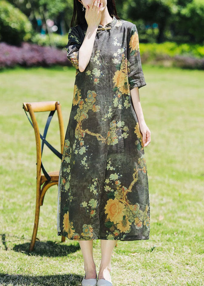 Vintage Black Stand Collar Print Side Open Patchwork Linen Dresses Summer