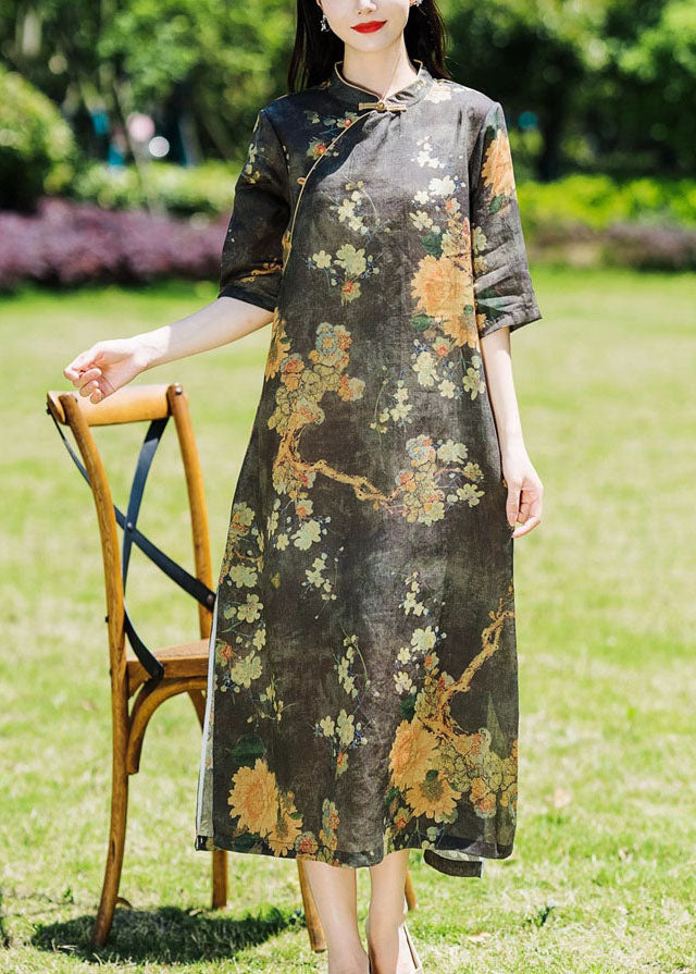 Vintage Black Stand Collar Print Side Open Patchwork Linen Dresses Summer