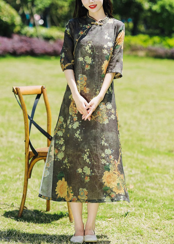 Vintage Black Stand Collar Print Side Open Patchwork Linen Dresses Summer