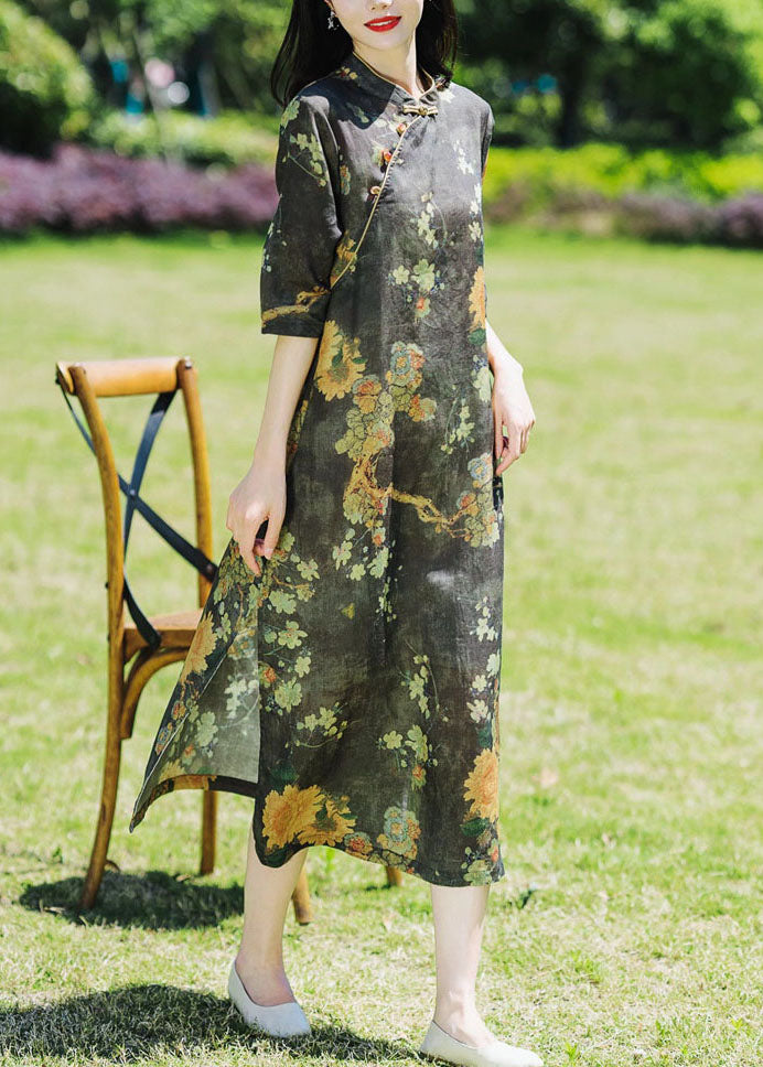 Vintage Black Stand Collar Print Side Open Patchwork Linen Dresses Summer