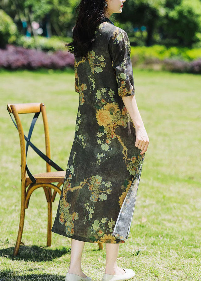 Vintage Black Stand Collar Print Side Open Patchwork Linen Dresses Summer