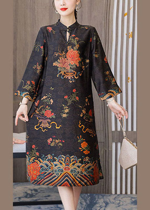 Vintage Black Stand Collar Print Silk Cheongsam Dress Bracelet Sleeve