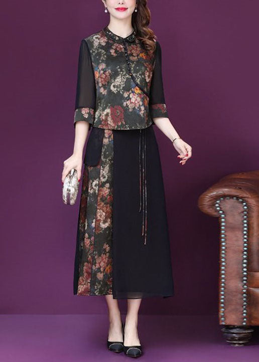Vintage Black Stand Collar Print Silk Two Piece Set Women Clothing Spring