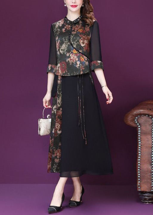 Vintage Black Stand Collar Print Silk Two Piece Set Women Clothing Spring