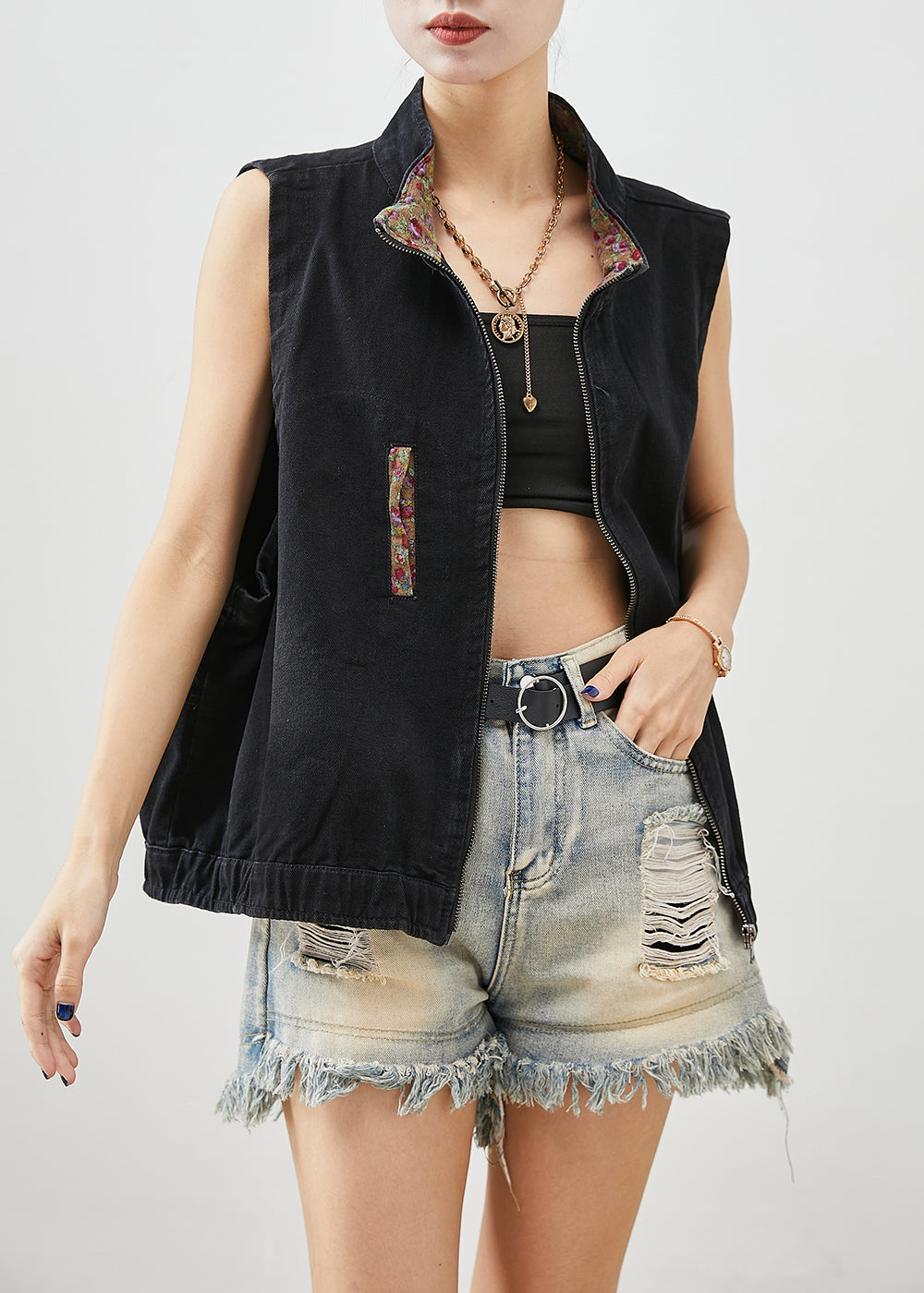 Vintage Black Stand Collar Zippered Denim Vest Fall