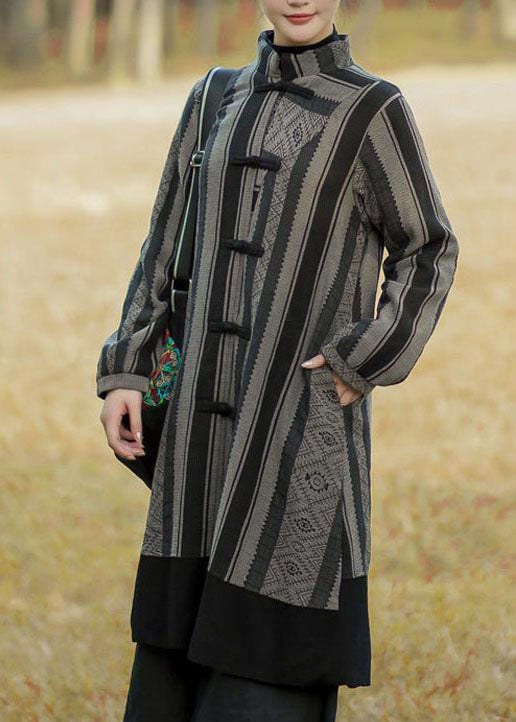 Vintage Black Striped Patchwork Oriental Button Warm Fleece Long Coats Winter