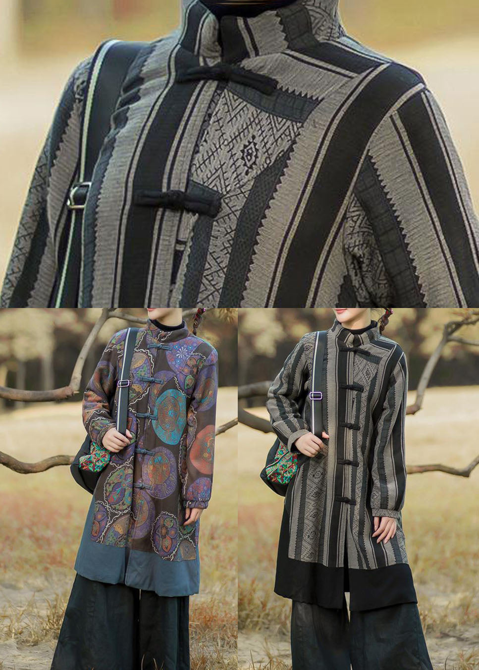 Vintage Black Striped Patchwork Oriental Button Warm Fleece Long Coats Winter