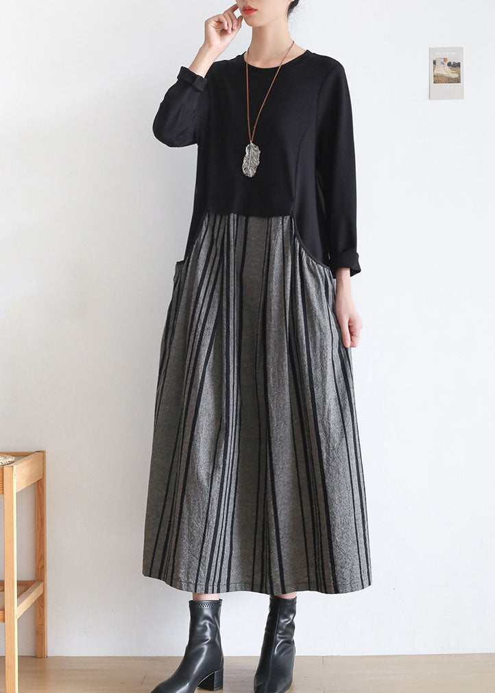 Vintage Black Striped Pockets Patchwork Linen Holiday Dress Long Sleeve