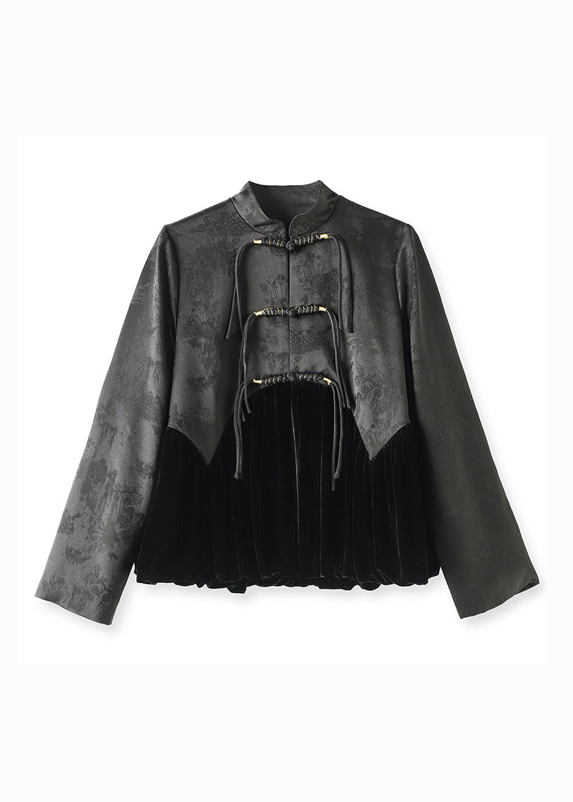 Vintage Black Tasseled Jacquard Patchwork Silk Velour Coat Fall