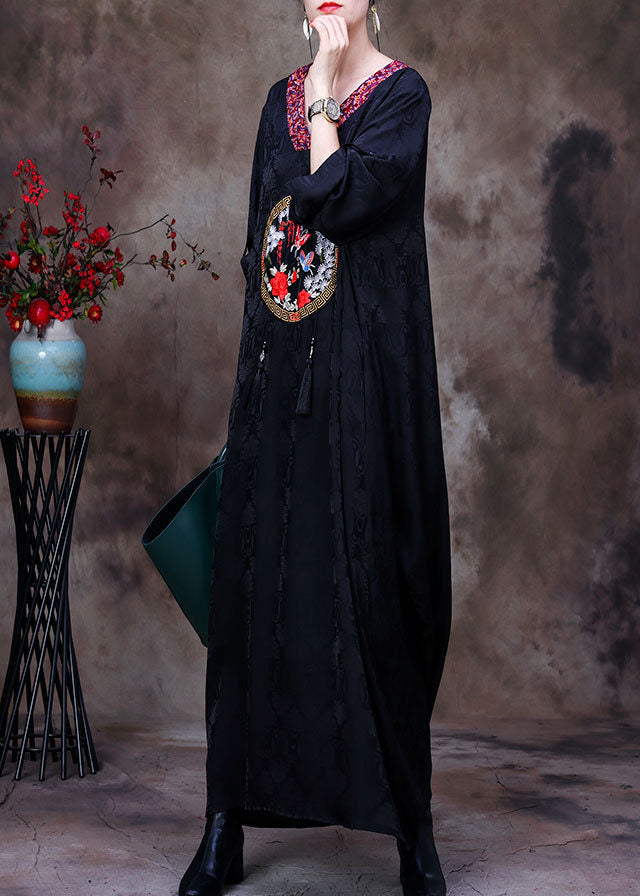 Vintage Black V Neck Butterfly Embroideried Tassel Silk Long Dresses Long Sleeve