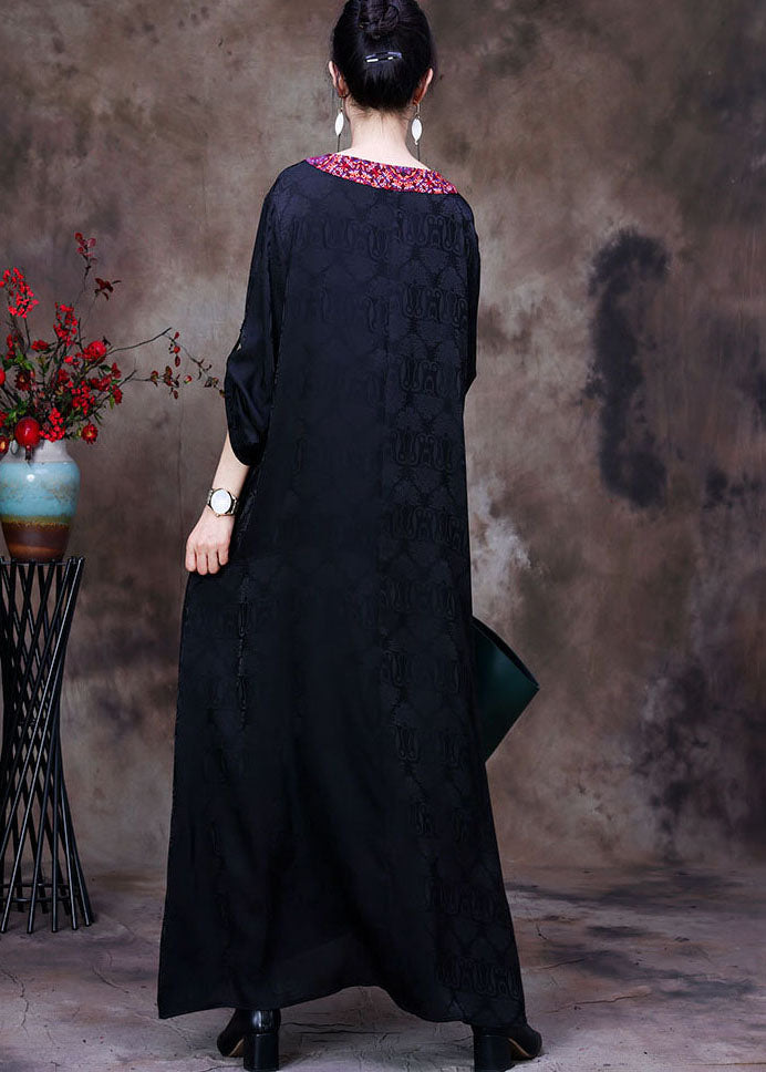 Vintage Black V Neck Butterfly Embroideried Tassel Silk Long Dresses Long Sleeve
