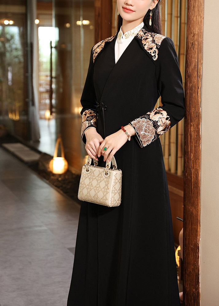 Vintage Black V Neck Embroideried Button Long Coats Fall
