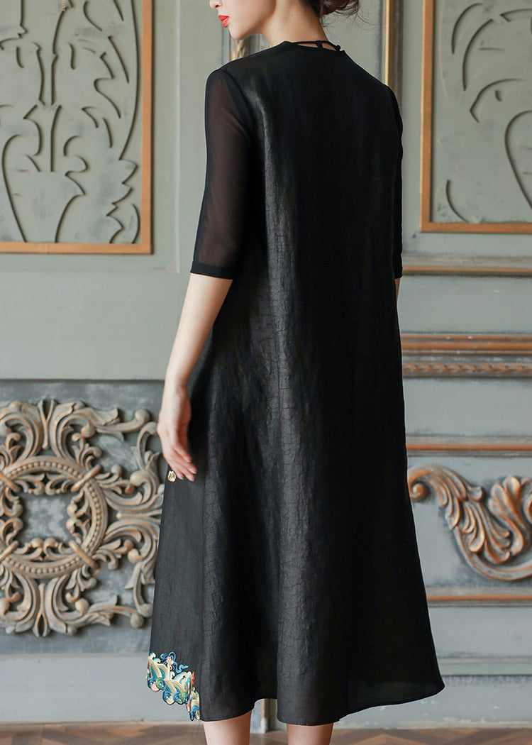 Vintage Black V Neck Embroideried Patchwork Silk Dress Summer