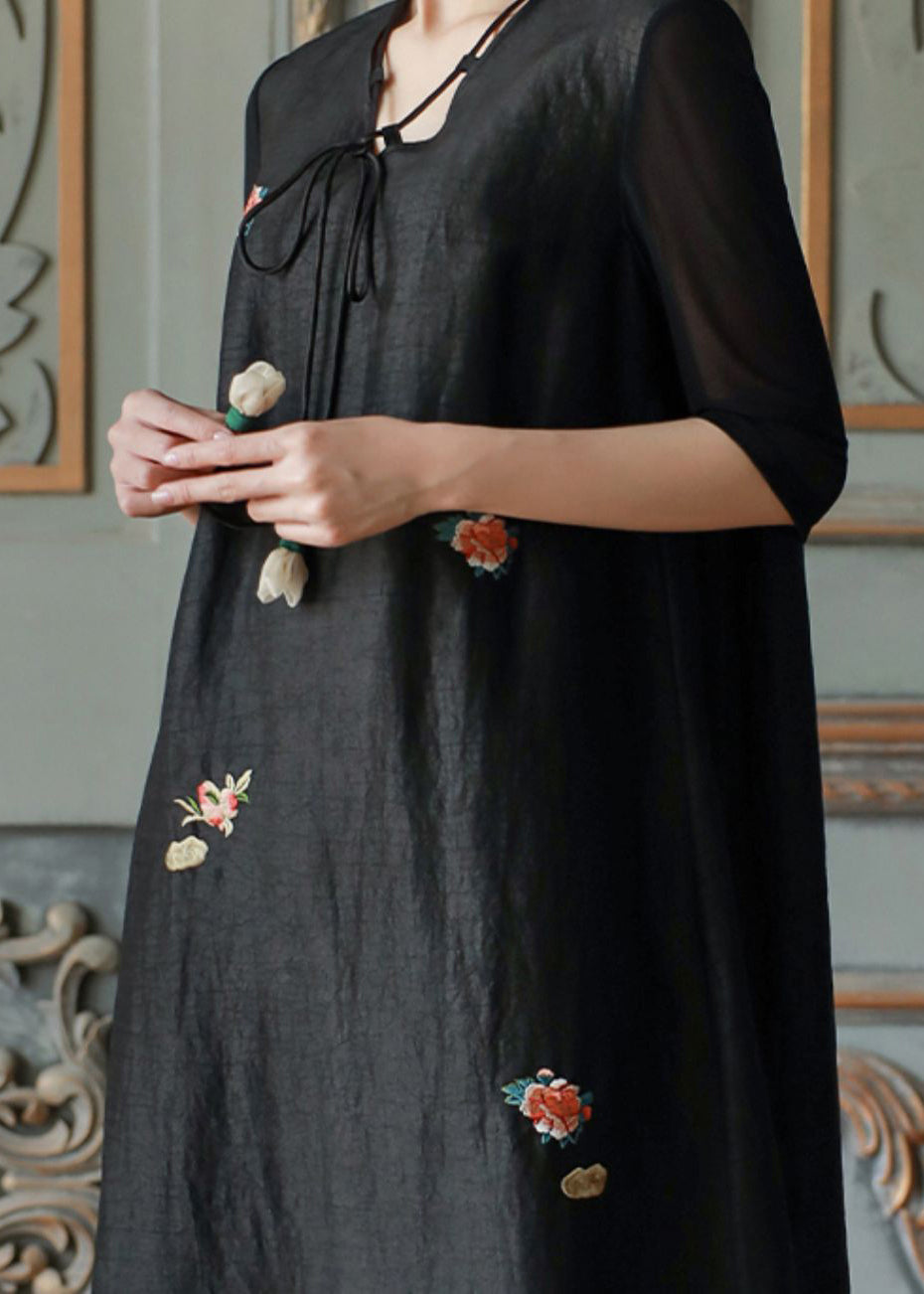 Vintage Black V Neck Embroideried Patchwork Silk Dress Summer