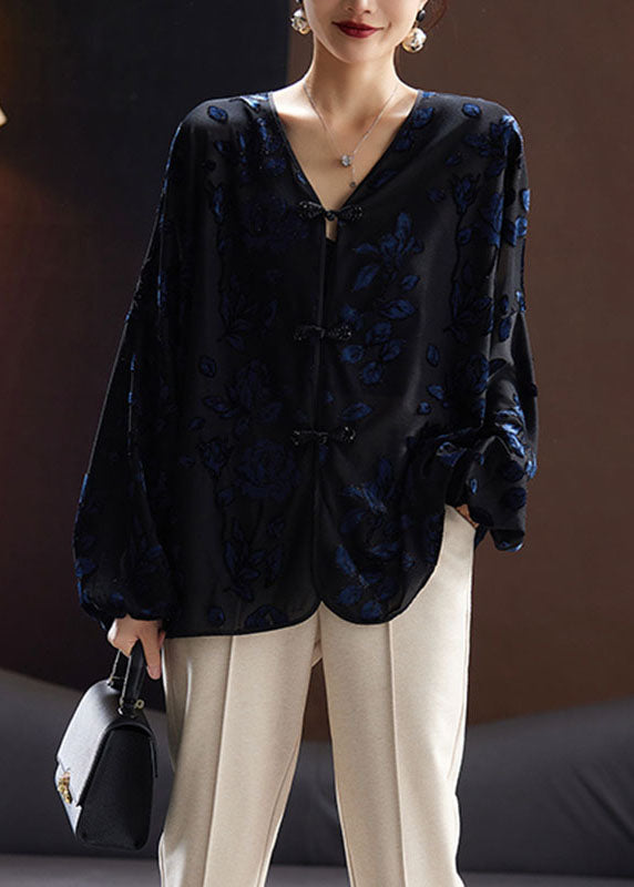 Vintage Black V Neck Embroideried Velour Shirt Fall