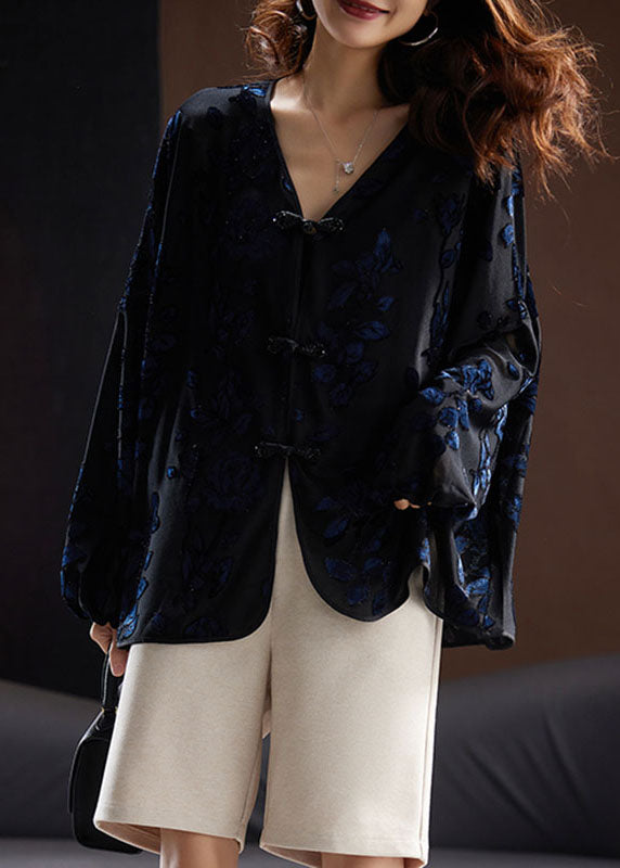 Vintage Black V Neck Embroideried Velour Shirt Fall
