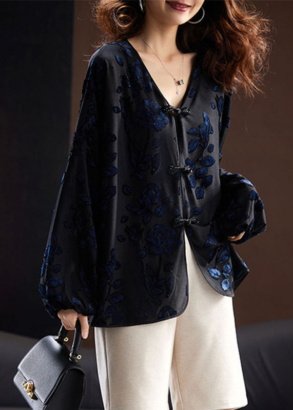 Vintage Black V Neck Embroideried Velour Shirt Fall