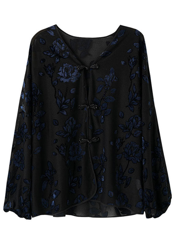 Vintage Black V Neck Embroideried Velour Shirt Fall