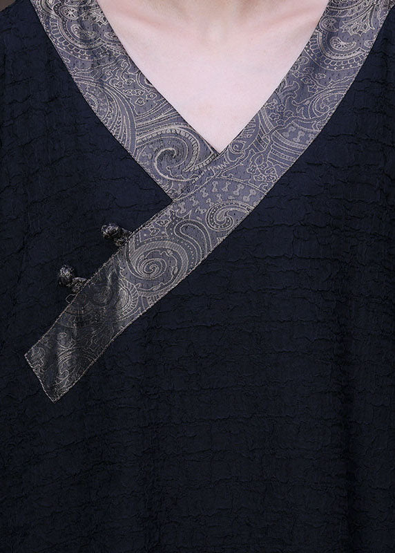 Vintage Black V Neck Patchwork Pocket Wrinkled Silk Dress Long Sleeve