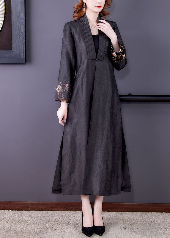 Vintage Black V Neck Patchwork Side Open Silk Trench Coats Fall