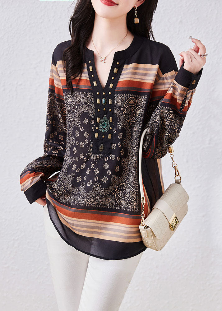 Vintage Black V Neck Print Patchwork Chiffon Blouses Long Sleeve - Omychic