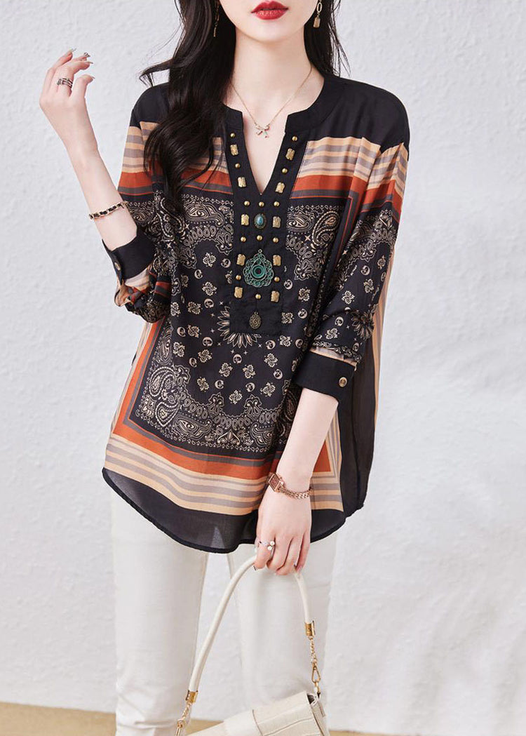 Vintage Black V Neck Print Patchwork Chiffon Blouses Long Sleeve - Omychic