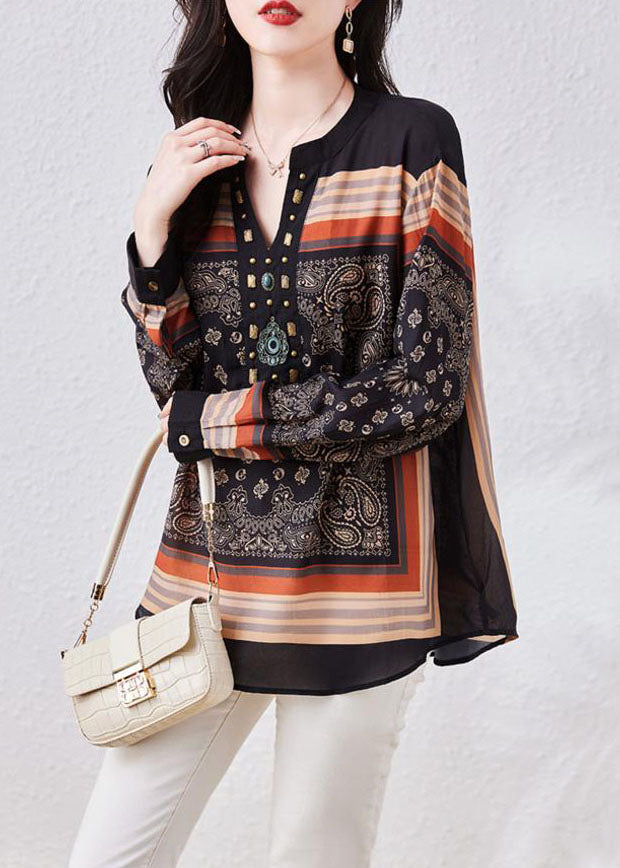 Vintage Black V Neck Print Patchwork Chiffon Blouses Long Sleeve - Omychic