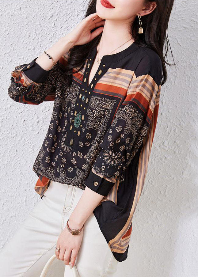 Vintage Black V Neck Print Patchwork Chiffon Blouses Long Sleeve - Omychic