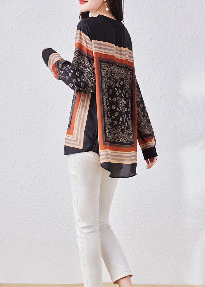 Vintage Black V Neck Print Patchwork Chiffon Blouses Long Sleeve - Omychic