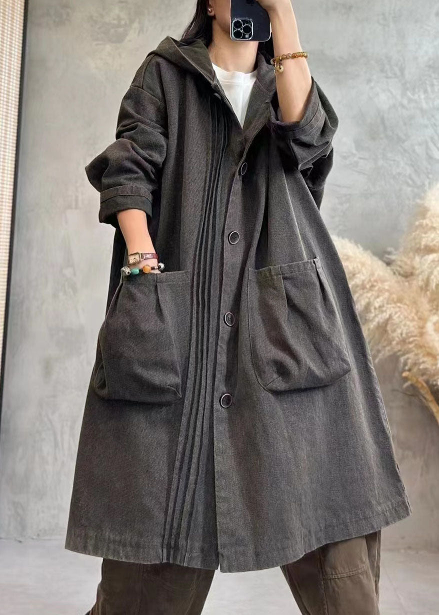 Vintage Black Wrinkled Button Hoodies Denim Trench Coats Fall