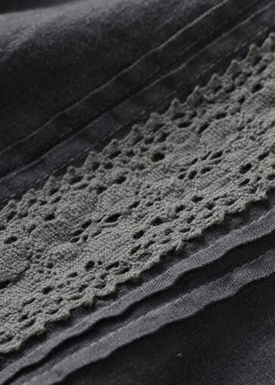 Vintage Black Wrinkled Embroideried Patchwork Linen Dress Summer