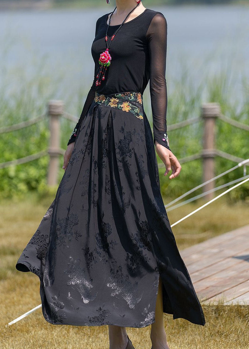 Vintage Black Wrinkled Embroideried Patchwork Silk Skirts Spring