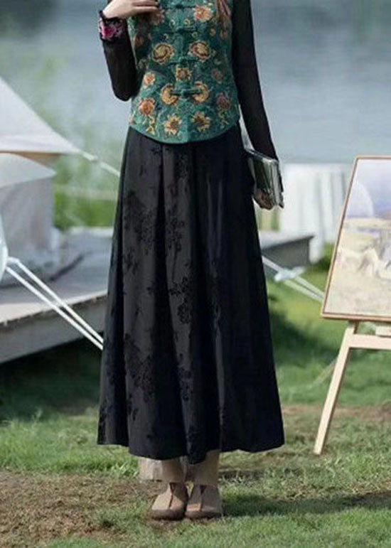 Vintage Black Wrinkled Embroideried Patchwork Silk Skirts Spring