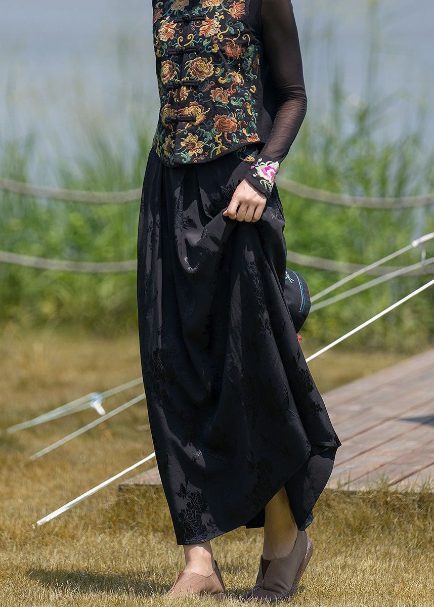 Vintage Black Wrinkled Embroideried Patchwork Silk Skirts Spring