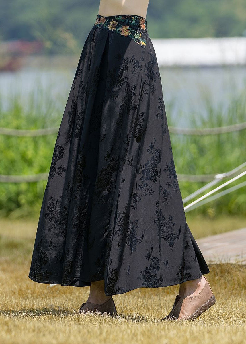 Vintage Black Wrinkled Embroideried Patchwork Silk Skirts Spring